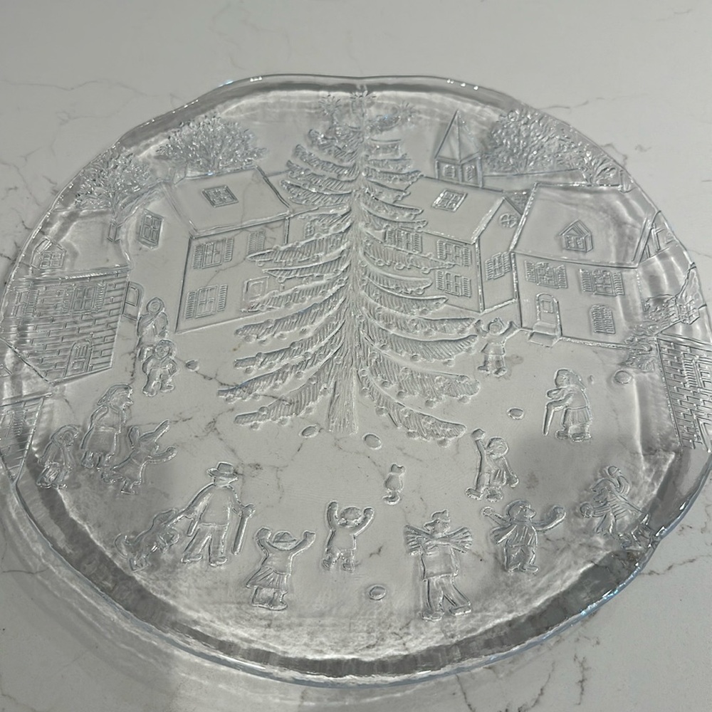Glass Christmas scene plate platter 12”